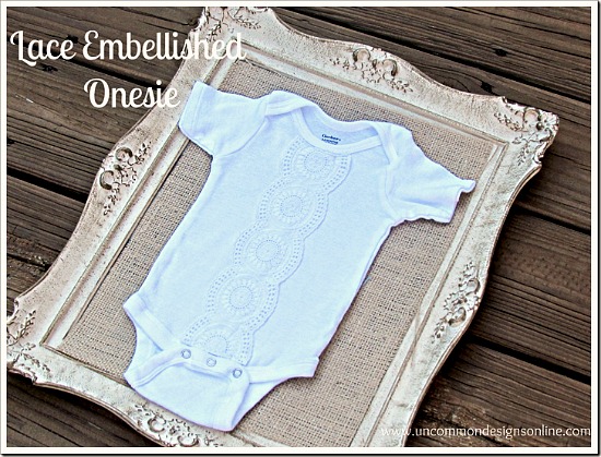 Beautiful lace embellished onesie. A sweet gift idea for a new mom and baby! #babygifts #sewing #handmadegifts