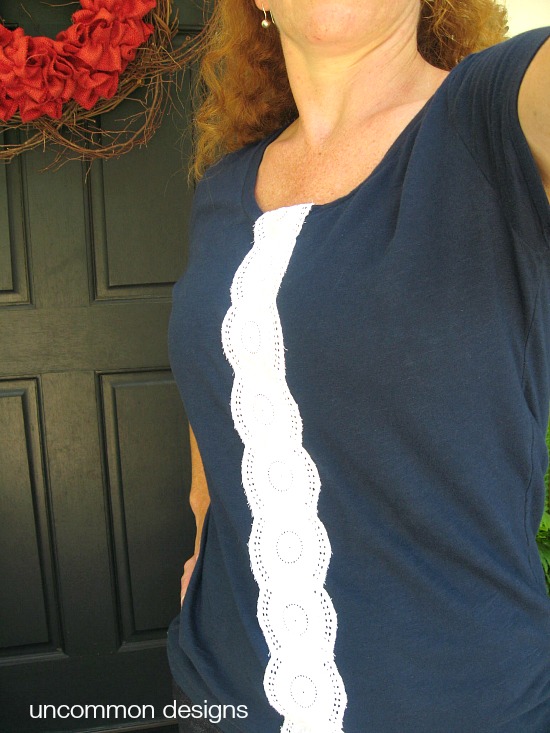 Create a simple and stylish tshirt. A perfect upgrade to a plain staple. So simple and quick! #tshirt #refashion #lace #sewing