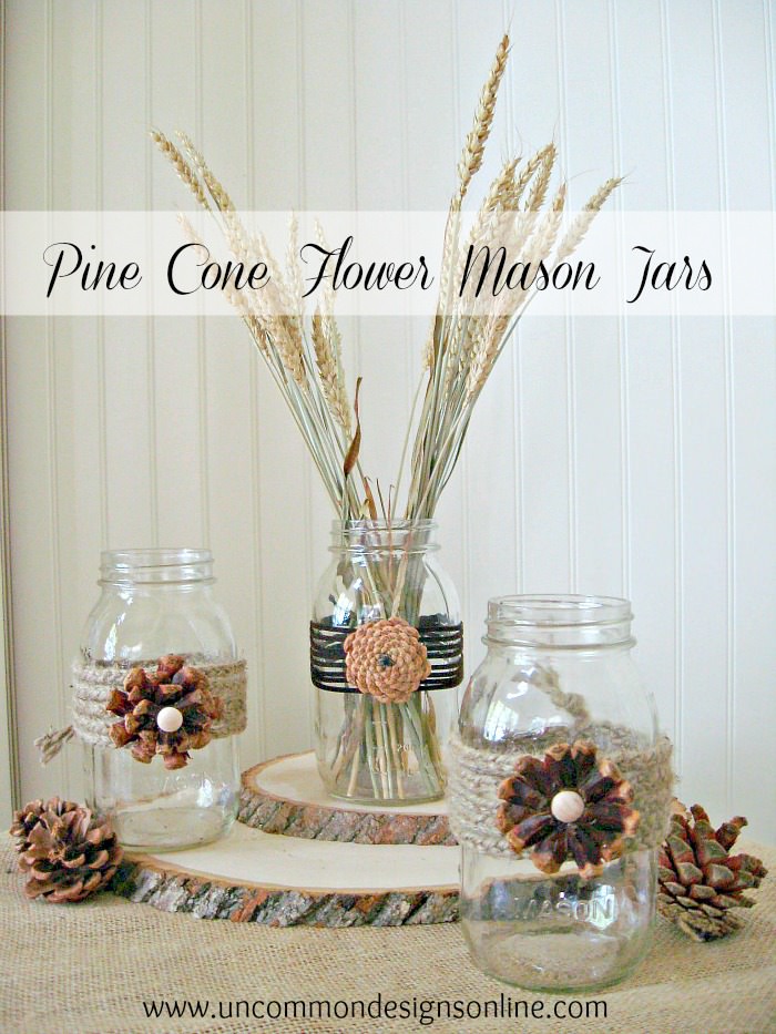 Pine cone embellished mason jars