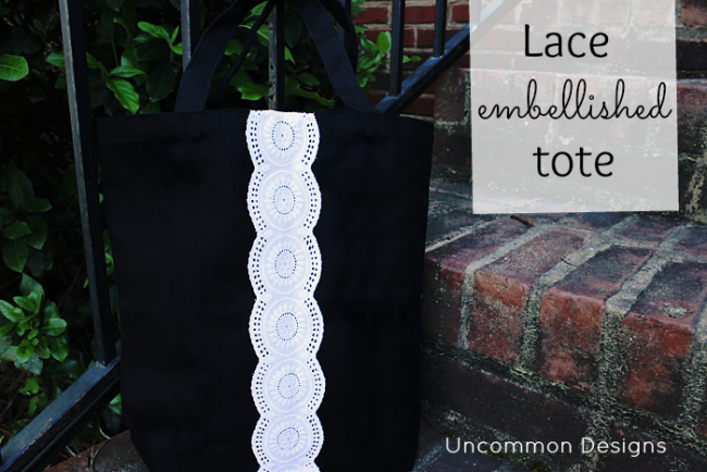 A perfect gift idea or Mother's Day idea. A lace embellished tote bag via Uncommon Designs.