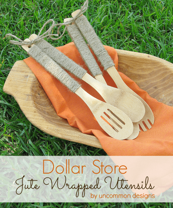 OH you gotta love a Dollar Store project! These serving utensils wrapped in jute are great! #dollarstore