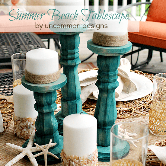 Beautiful Summer Beach Tablescape with DIY Dip Dyed Wooden Candlesticks. 