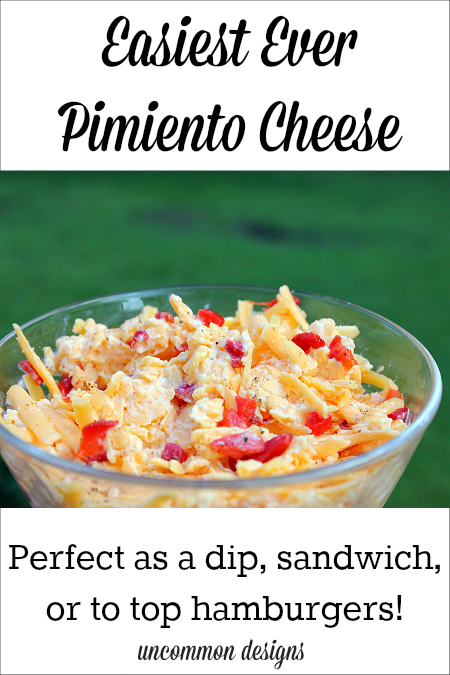 Easiest ever pimiento cheese recipe.  Make as a dip, sandwiches, or top hamburgers.  The perfect summer recipe!  www.uncommondesignsonline.com