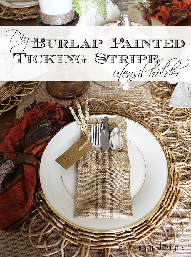 DIY Burlap Painted Ticking Stripe Utensil Holders via Uncommon Designs