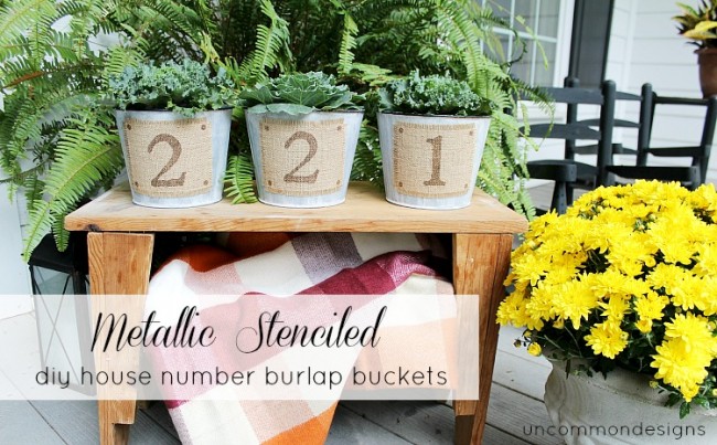 Metalic_stenciled_diy_house_number_burlap_buckets