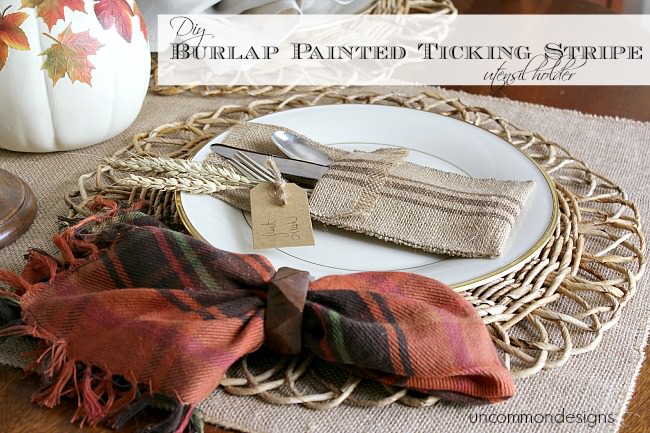 DIY Burlap Painted Ticking Stripe NO SEW Utensil Holder. Using #decoart dazzling metallics paint. via www.uncommondesignsonline.com