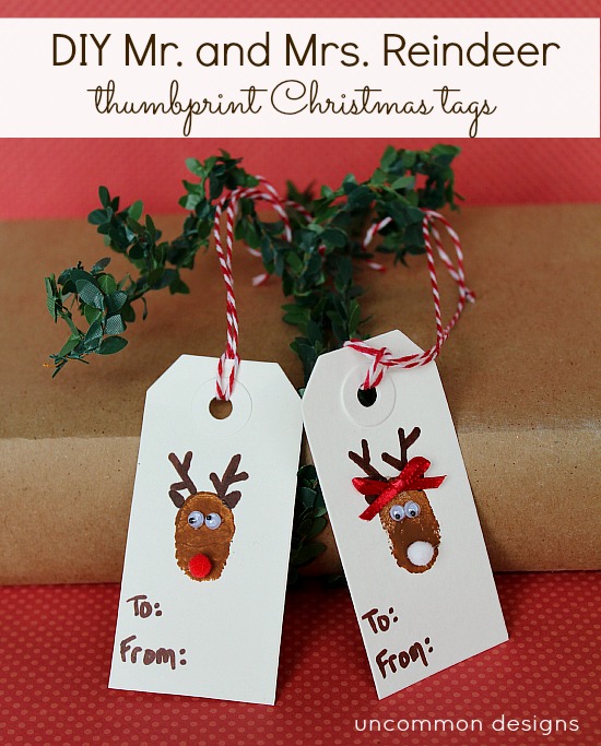 DIY Mr. and Mrs. Reindeer Thumbprint Tags via www.uncommondesignsonline.com #kidscrafts #christmas #giftwraping