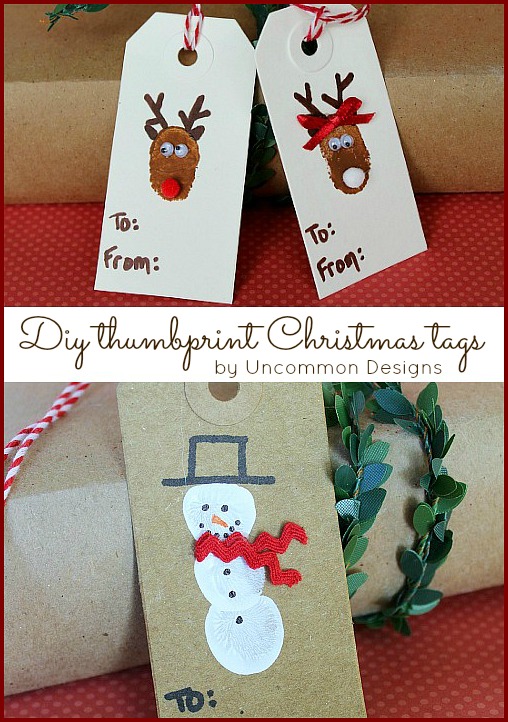 Diy Reindeer and Snowman Thumbprint Christmas Tags tutorial. #christmas #kidscrafts #giftwrapping via www.uncommondesignsonline.com