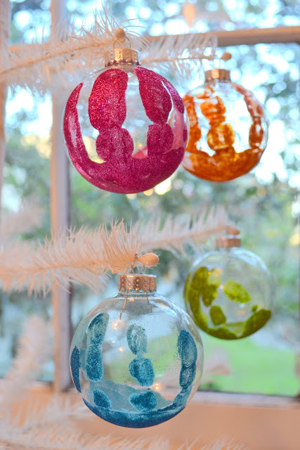 glittered handprint Christmas Ornaments