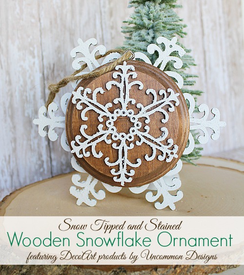 Snoe Tipped and Stained Wooden Snowflake Ornament. A beautiful DIY ornament. #decoart #snow-tex #ornament #snowflake #christmasornament