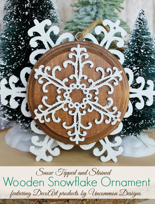 Snow tipped wooden snowflake Christmas ornament using snowtex snow-tex via Uncommon Designs