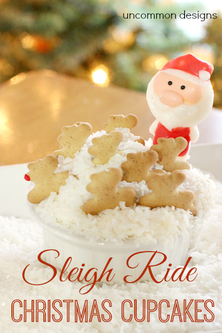 Sleigh Ride Christmas Cupcakes. Add a few graham cracker reindeer and a santa... you have the easiest Christmas cupcakes ever! Perfect for classroom parties and holiday gatherings! Via www.uncommondesignsonline.com