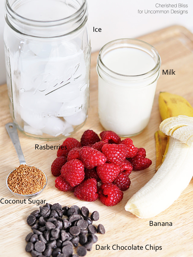 Raspberry Banana and Dark Chocolate Smoothie  via www.uncommondesignsonline.com  #smoothies  #smoothierecipes