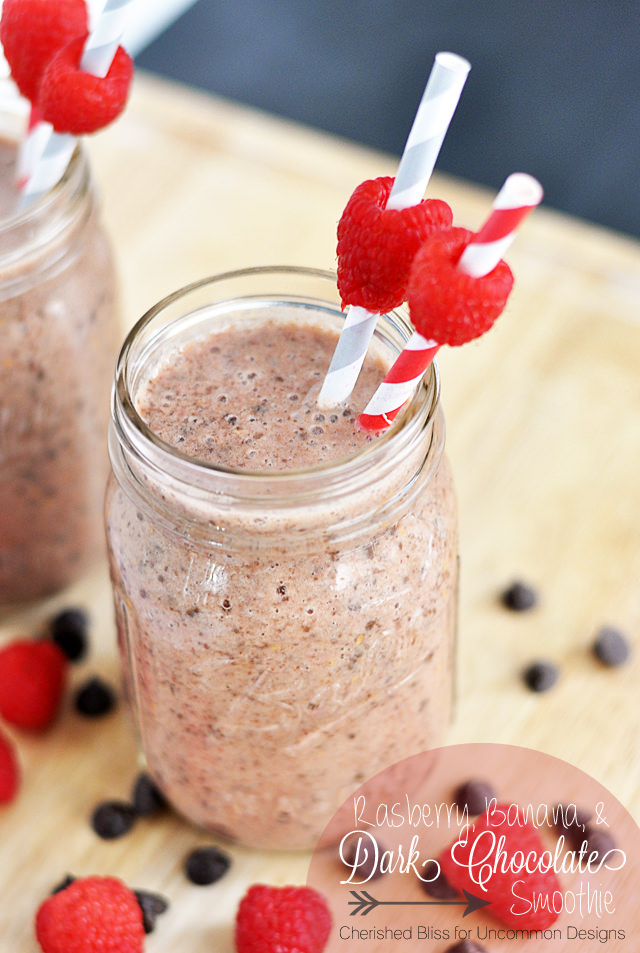 Raspberry Banana and Dark Chocolate Smoothie  via www.uncommondesignsonline.com  #smoothies  #smoothierecipes