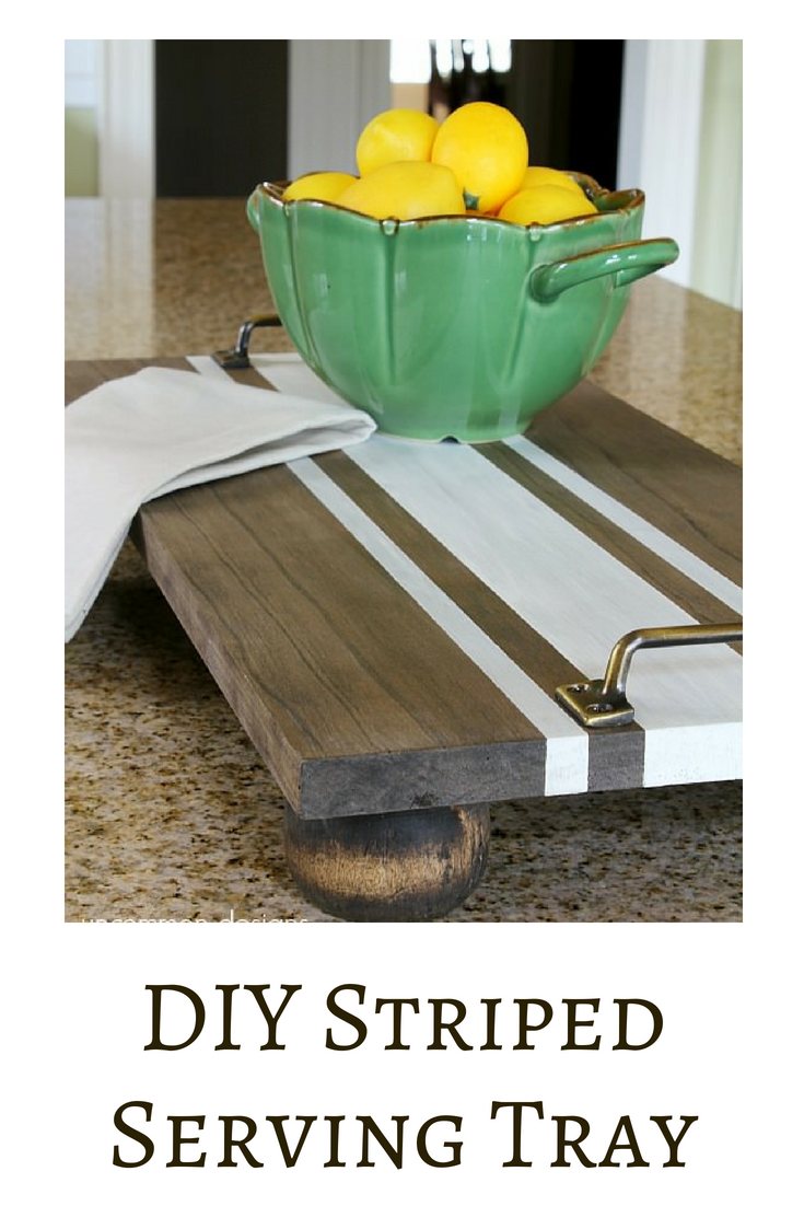 Make your own DIY Striped Serving Tray with only a handful of items from the hardware store.  This tray is gorgeous for kitchen decor and makes the perfect holiday gift idea, too!   #DIYHomeDecor #DIYProject #KitchenDecor #HomeDecorIdeas #GiftIdeas #HolidayGiftIdeas #FarmhouseDecor #HolidayFarmhouseDecor #FarmhouseFaves