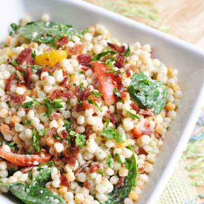 Tomato Spinach and Bacon Pearl Couscous Salad