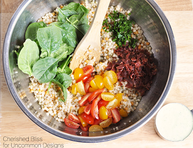 Tomato Spinach & Bacon Pearl Couscous Salad with Creamy Cucumber Dressing  www.uncommondesignsonline.com