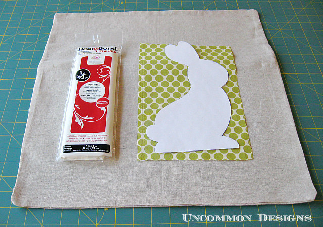 No Sew Easter Bunny Pillow.  Learn how to applique this easy bunny in no time!  www.uncommondesignsonline.com  #Easter #Pillows