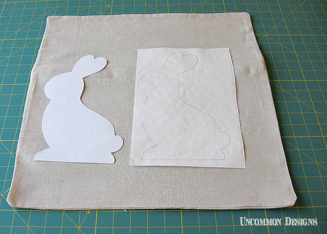 No Sew Easter Bunny Pillow.  Learn how to applique this easy bunny in no time!  www.uncommondesignsonline.com  #Easter #Pillows