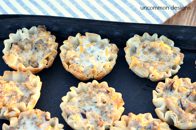 Sausage and Cheese Cups Recipe: A super easy appetizer... great for a crowd!  www.uncommondesignsonline.com #Sausage #Appetizer