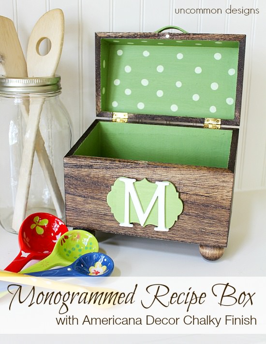 How to make a monogrammed wooden recipe box. #chalkyfinish #americanadecor #decoart 