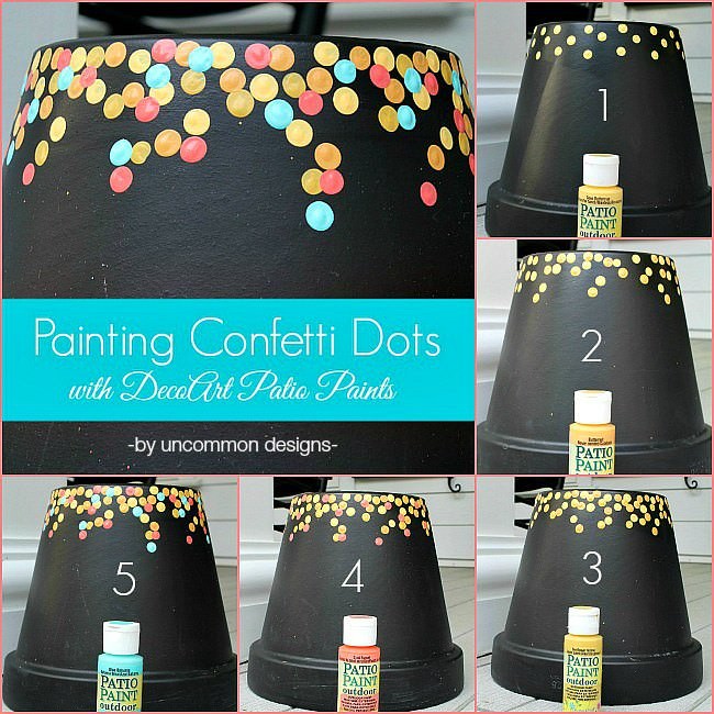 How to paint a confetti dot pot via Uncommon Designs. A perfect craft project to do with the kids for a fun outdoor diy. 