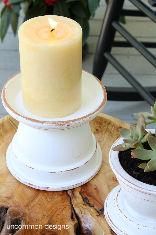 Create these amazing and beautiful outdoor terra cotta candle holders in 3 simple steps with pots! #outdoorliving #patiopaint #decoart via www.uncommondesignsonline.com
