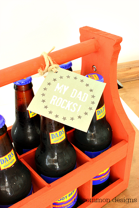 Fabulous Father's Day Gift Idea... a Wooden Bottle Caddy with free Printable "My Dad Rocks" tags!  www.uncommondesignsonline.com