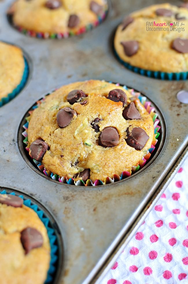 Whole Wheat Zucchini Banana Muffins... so good with Chocolate Chips, too!  via Uncommon Designs