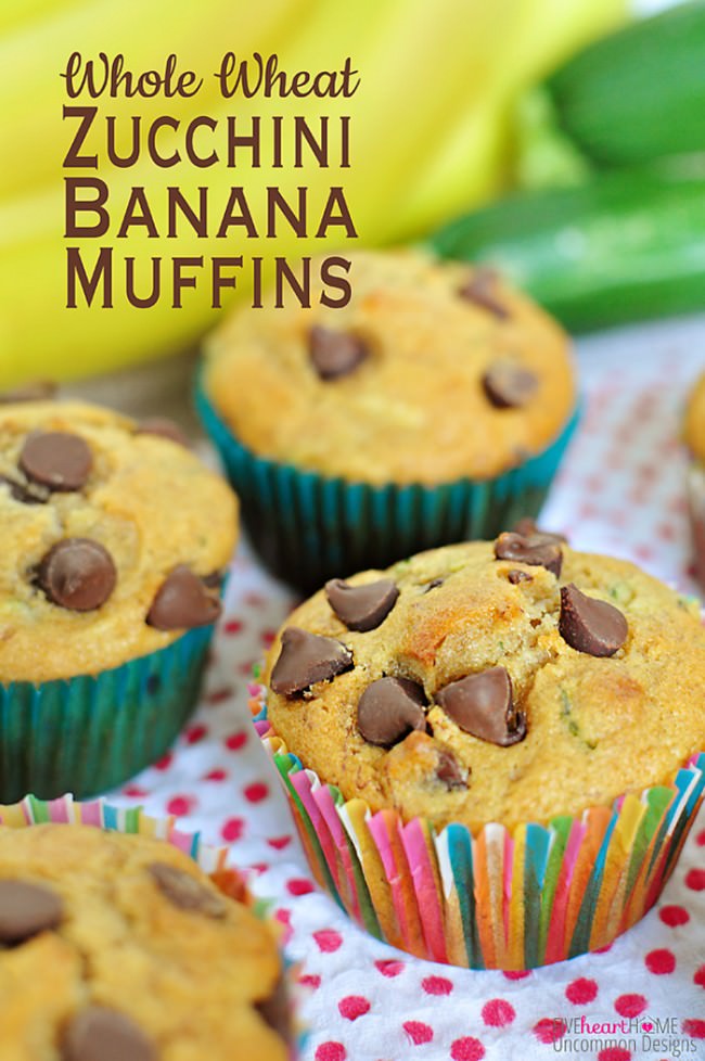 Whole Wheat Zucchini Banana Muffins... so good with Chocolate Chips, too!  via Uncommon Designs