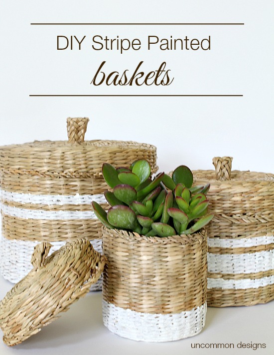 DIY Stripe Painted Baskets via Uncommon Designs. A beautiful way to organize!