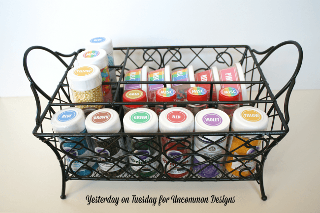 Learn how to organize sprinkles and get that pantry in order!  Includes free printable labels via Uncommon Designs 