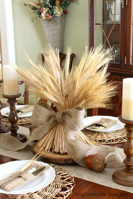Fall wheat centerpiece with burlap ribbon! #findinghomefalltour