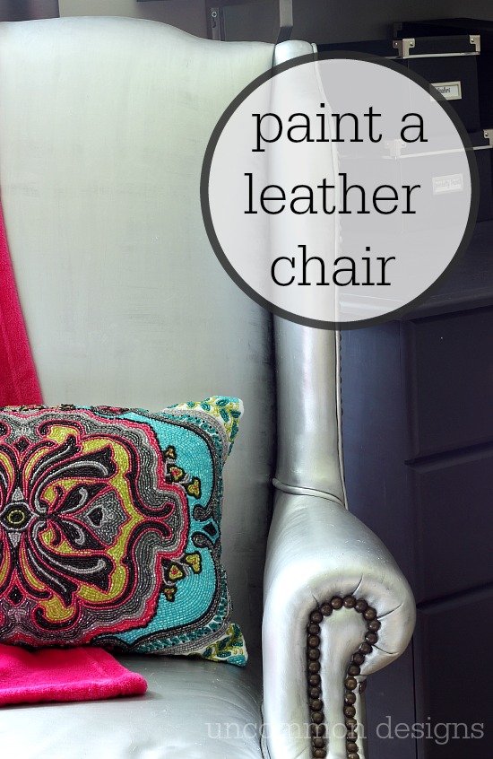 How to paint a leather chair with  a few bottles of craft paint.  This metallic silver chair was a cinch to do! Uncommon Designs