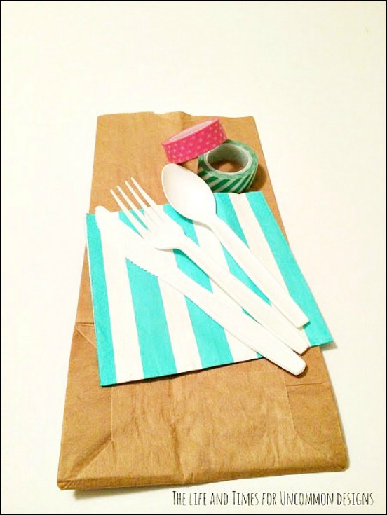 Make these simple and adorable paper bag utensil holders for your next party!  They are not only so adorable, but won't break the bank!  Uncommon Designs