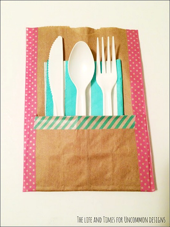 Make these simple and adorable paper bag utensil holders for your next party!  They are not only so adorable, but won't break the bank!  Uncommon Designs