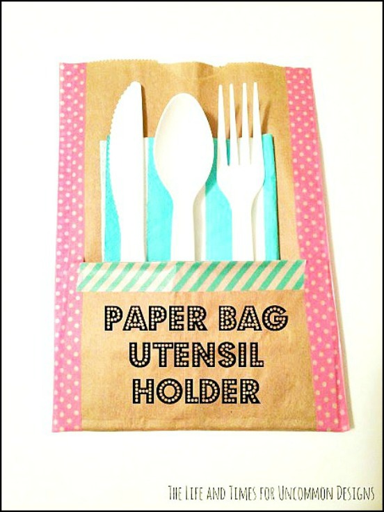 Make these simple and adorable paper bag utensil holders for your next party!  They are not only so adorable, but won't break the bank!  Uncommon Designs