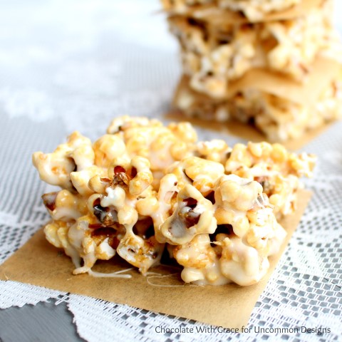 Mix up a few of your favorite treats with these Caramel Popcorn Marshmallow Treats via Uncommon Designs