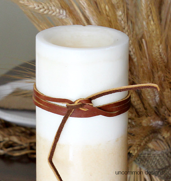 DIY Leather Wrapped Candles via  Uncommon Designs. Such a super simple idea and beautiful! 