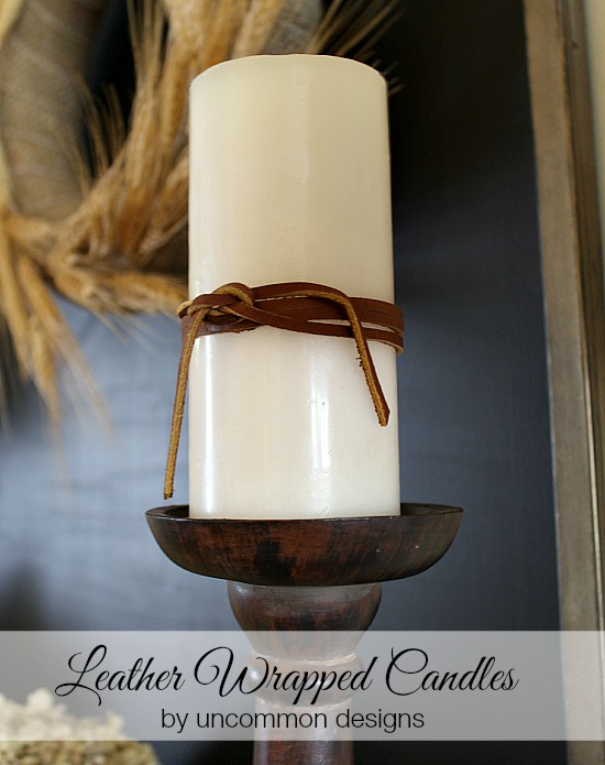 DIY Leather Wrapped Candles via Uncommon Designs. Such a super simple idea and beautiful! 