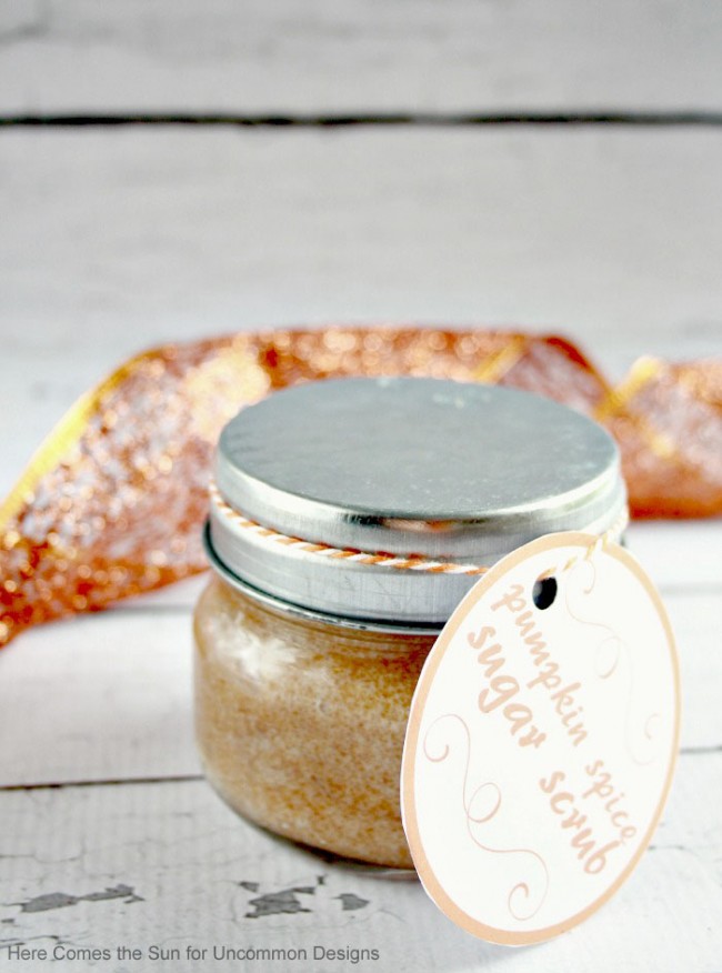 Learn how to make a Pumpkin Spice Sugar Scrub with a Free Printable Tag by Uncommon Designs