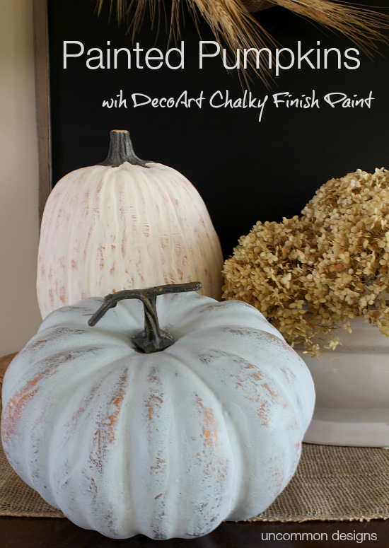 Easy 2 step distressed Painted Pumpkins. DecoArt Chalky Finish Paint adds warmth and color to your fall and Thanksgiving decor. Via Uncommon Designs 
