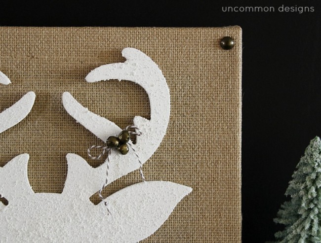 Create a snow covered Reindeer Silhouette Burlap Canvas for your Christmas Decor using Snow-tex in your home via Uncommon Designs.