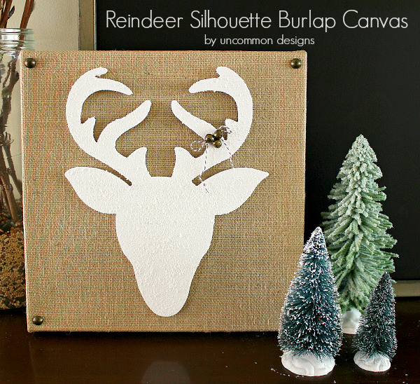 Create a snow covered Reindeer Silhouette Burlap Canvas with Snow-tex for your Christmas Decor in your home via Uncommon Designs.