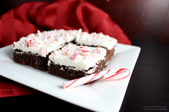 Need a simple, but delicious holiday treat idea?  Try out these Peppermint Frosted Brownies.... they are amazing!! via Uncommon Designs 