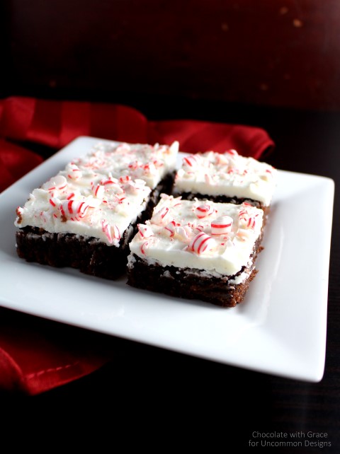 Need a simple, but delicious holiday treat idea?  Try out these Peppermint Frosted Brownies.... they are amazing!! via Uncommon Designs 