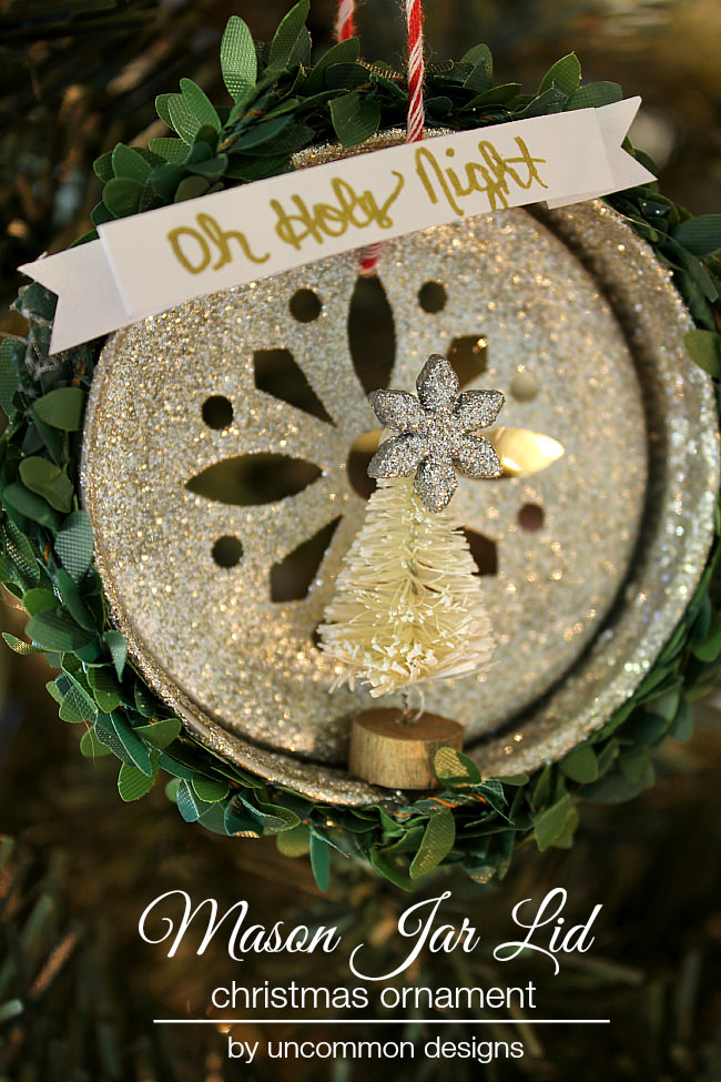 Create a precious Mason Jar Lid Christmas Ornametn via Uncommon Designs. Includes a sweet vintage bottle brush tree and glitter. 