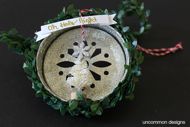 Create a precious Mason Jar Lid Christmas Ornametn via Uncommon Designs. Includes a sweet vintage bottle brush tree and glitter. 