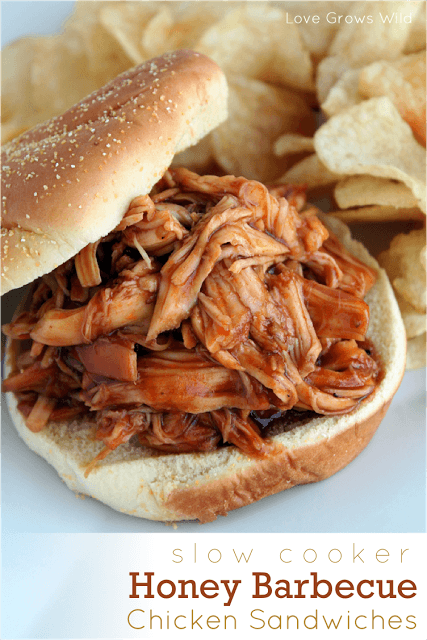 Slow Cooker Honey Barbeque Chicken Sandwiches. A perfect tailgating dinner via Uncommon Designs.