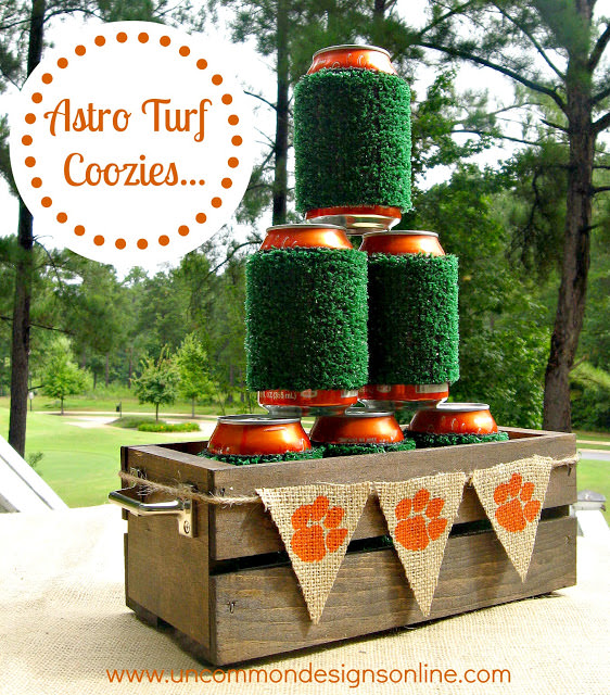 Whimsical and fun Astro Turf Coozies for a conversation starter at the tailgate via Uncommon Designs